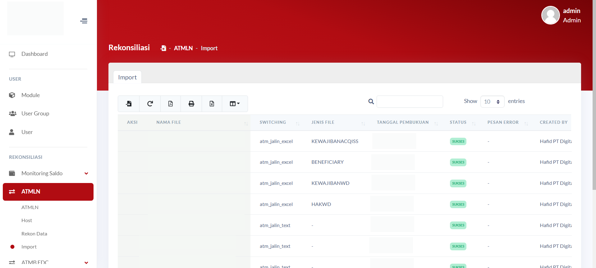 Menu Import Rekonsiliasi ATMLN