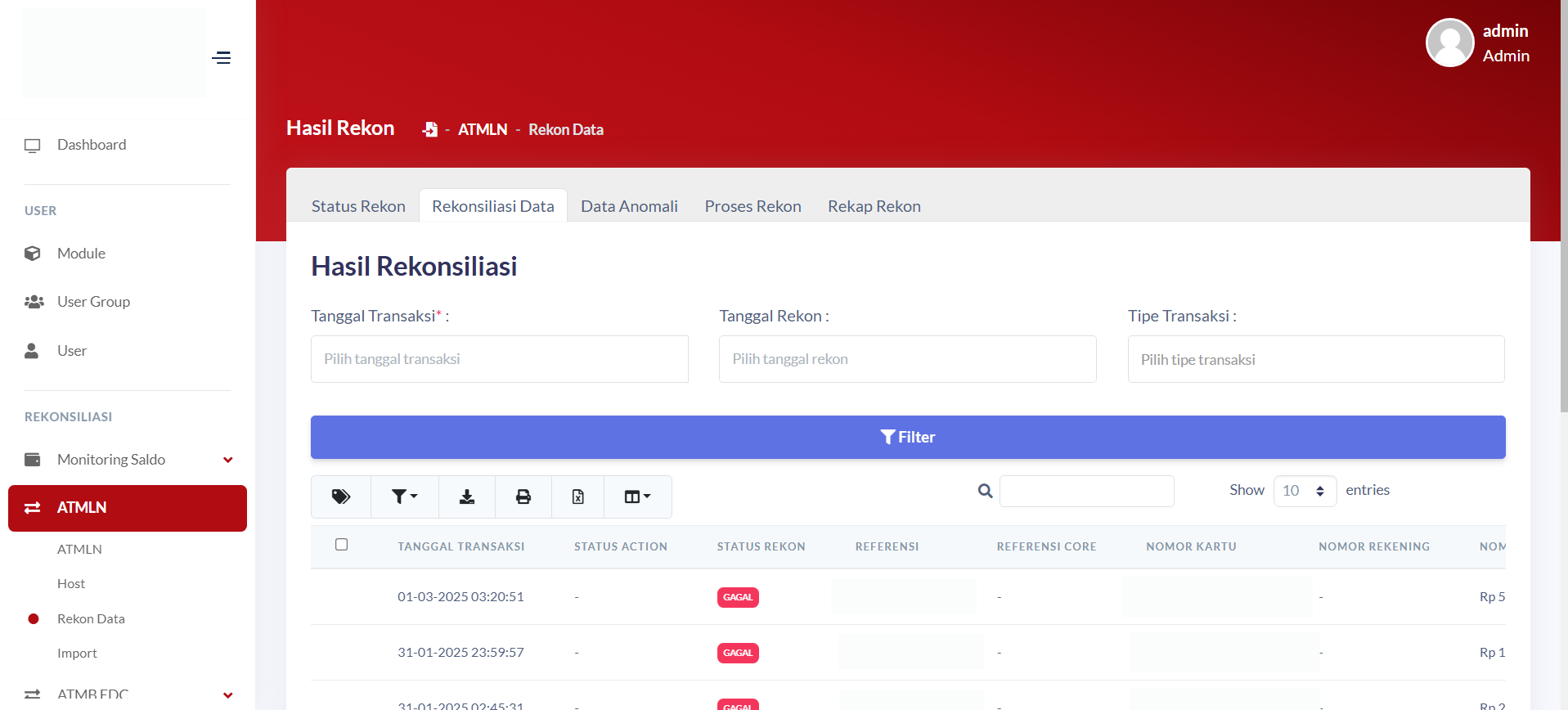 Menu Rekonsiliasi Data ATMLN